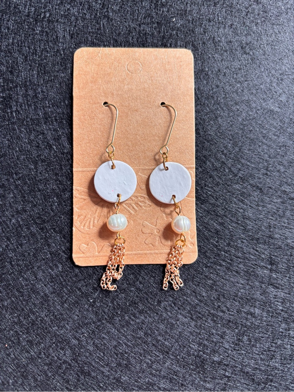 Handmade White Polymer Clay Disc, pearl  & Gold Chain Drop Earrings